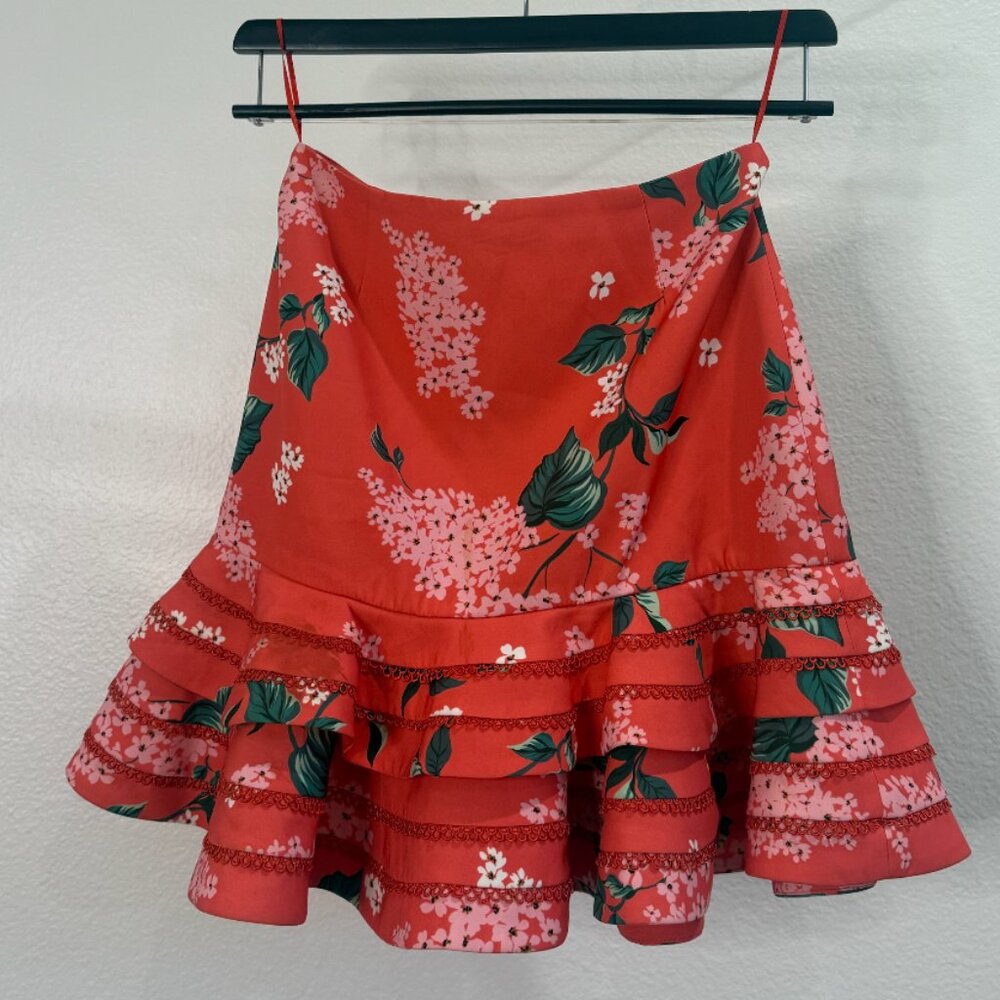 Keepsake The Label floral mini skirt with a ruffled hem and a red/pink floral